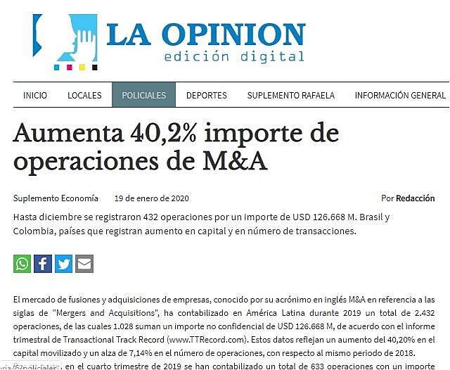Aumenta 40,2% importe de operaciones de M&A
